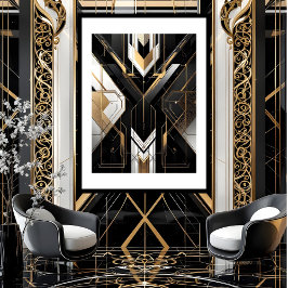 Modern Art Deco Geometrisk guld svart vit Poster