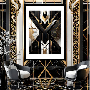 Modern Art Deco Geometrisk guld svart vit Poster