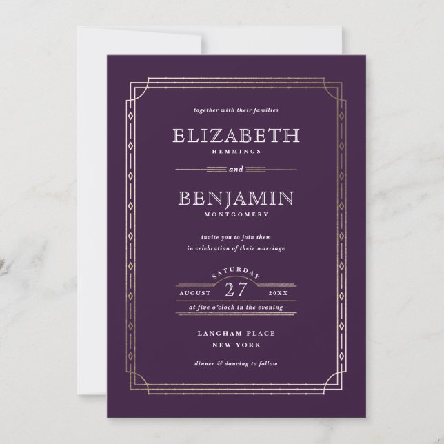 Modern Art Deco Gold Foil Gräns Lila Bröllop Inbjudningar (Framsida)
