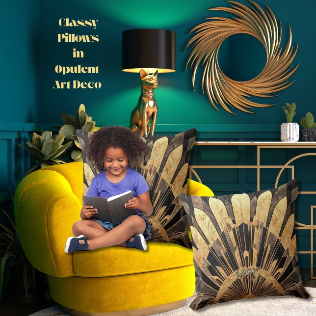 Modern Art Deco Guld Black Sunburst Motif 20 x 20 Kudde (Personalized Art Deco sunburst motif throw pillows with your personal or business initials/monogram)