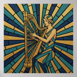 Modern Art Deco Harpist Affisch Guld och Blå Mosai