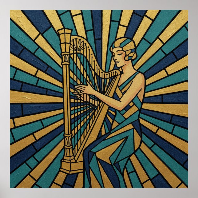 Modern Art Deco Harpist Affisch Guld och Blå Mosai (Framsidan)