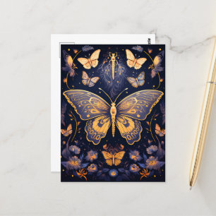 Modern Art Deco Lila Blå Guld Fjäril Vykort
