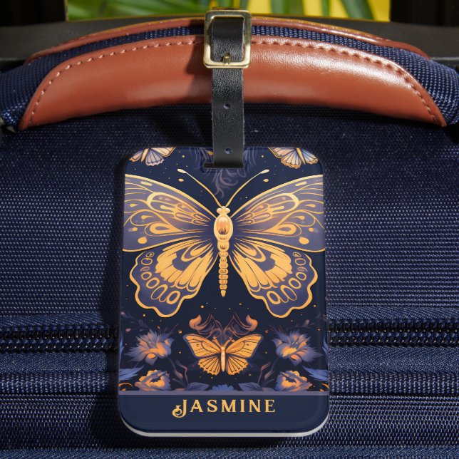 Modern Art Deco Lila Blue Guld Butterfly Bagagebricka (Framsida Insitu 2)