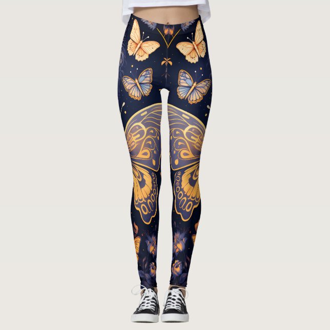 Modern Art Deco Lila Blue Guld Butterfly Leggings (Framsida)