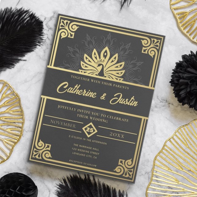 Modern Art Deco Peacock Guld och Black Bröllop Inbjudningar (Skapare uppladdad)