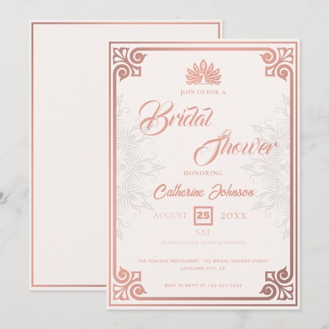 Modern Art Deco Peacock Ro Rosa Möhippa Inbjudningar (Fram/baksida)