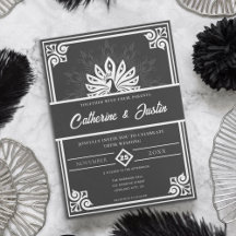 Modern Art Deco Peacock White och Black Bröllop