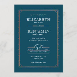 Modern Art Deco Ro guldblomma Gräns Teal Bröllop Inbjudningar