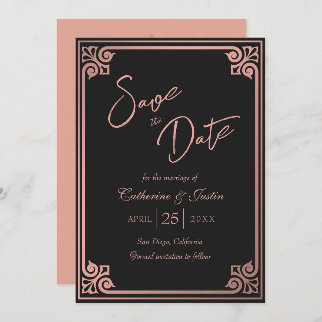 Modern Art Deco Rosa Black Peacock Photo Bröllop Spara Datumet (Fram/baksida)