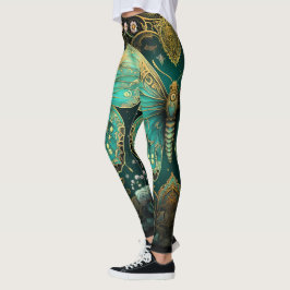 Modern Art Deco Teal Blue Guld Butterfly Yoga Leggings