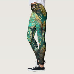 Modern Art Deco Teal Blue Guld Butterfly Yoga Leggings