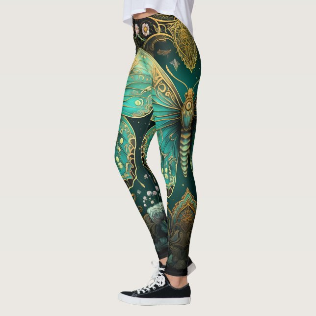 Modern Art Deco Teal Blue Guld Butterfly Yoga Leggings (Vänster)