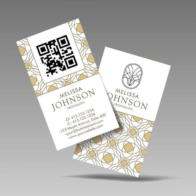 Modern Art Deco Vertikal Guld QR-kod Visitkort (Skapare uppladdad)