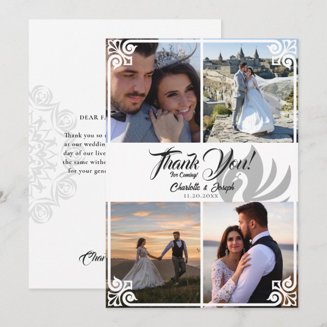 Modern Art Deco White Svan 4 Photo Bröllop Tack Kort (Fram/baksida)