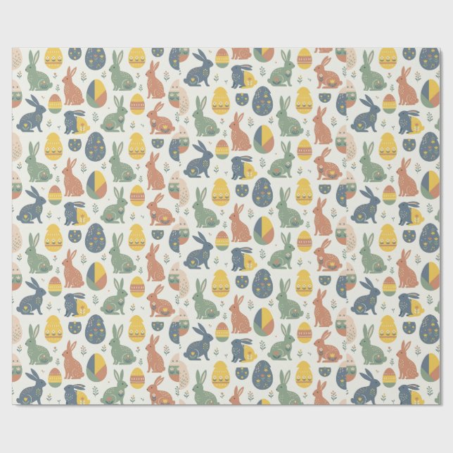 Modern Art Easter Bunny & Floral Egg Pattern Wrap Presentpapper (Platt)