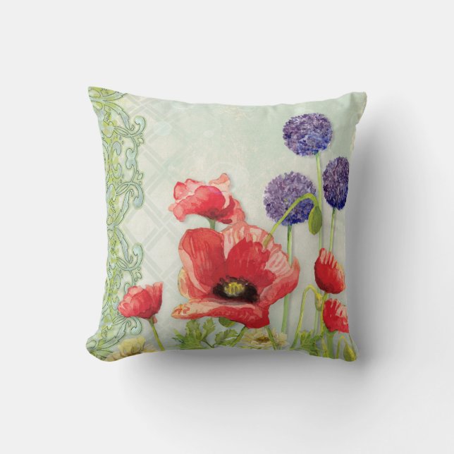 Modern Art nouveau Red Poppy Lila Geometric Art Kudde (Framsida)