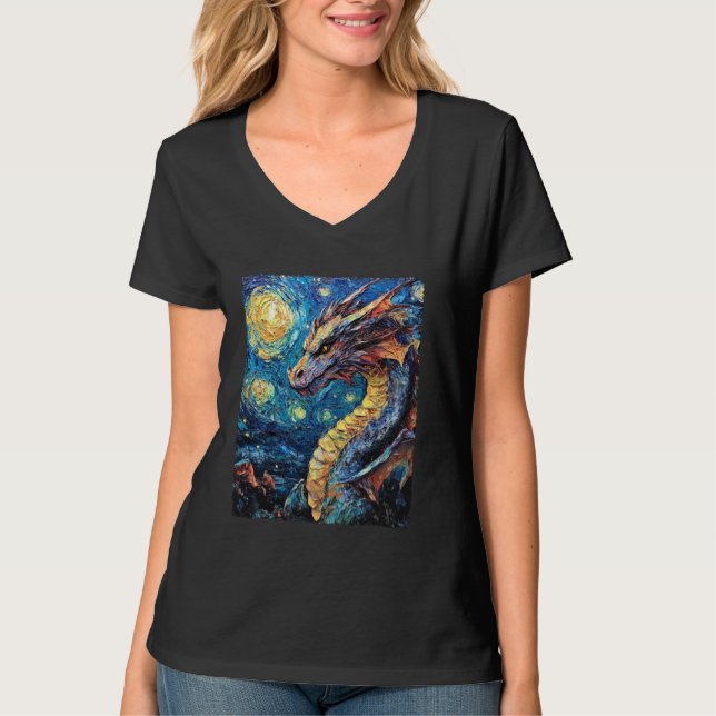 Modern Art Painting Van Gogh Starry Night Dragon T Shirt (Framsida)