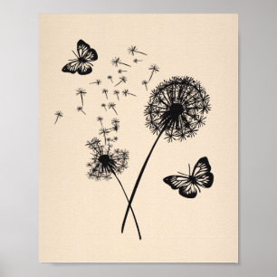 Modern Art Rosa Black Dandelion Önskemål Butterfli Poster