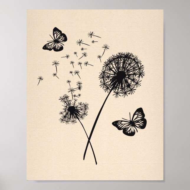 Modern Art Rosa Black Dandelion Önskemål Butterfli Poster (Framsidan)