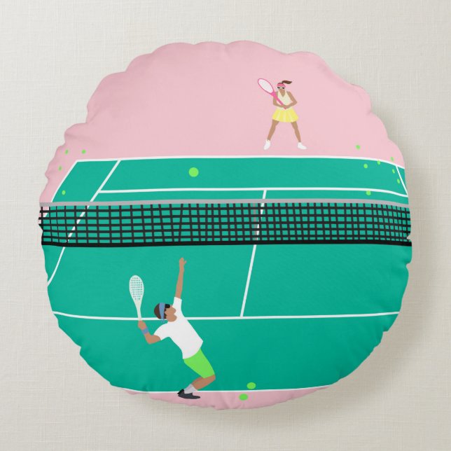 Modern Art Tennis Match Player Rosa Grönt Rund Kudde (Framsidan)