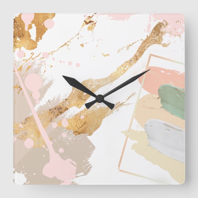 Modern Art Wall Clock - Rosa, Guld, Grått Fyrkantig Klocka (Framsida)