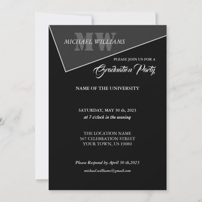 Modern artificiell Grått Black Monogram Inbjudningar (Framsida)