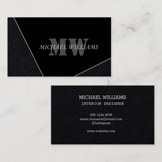 Modern artificiell Grått Black Monogram Visitkort (Fram/baksida)