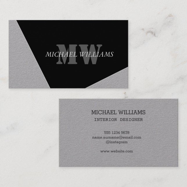 Modern artificiell Grått Black Monogram Visitkort (Fram/baksida)