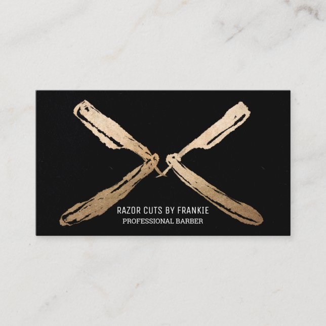 Modern Artsy Guld Black Razor Blades Barber Visitkort (Framsida)