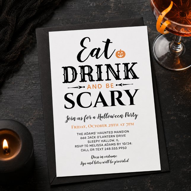Modern Ät Drick och Var Rädder Vit Halloween Inbjudningar (Skapare uppladdad)