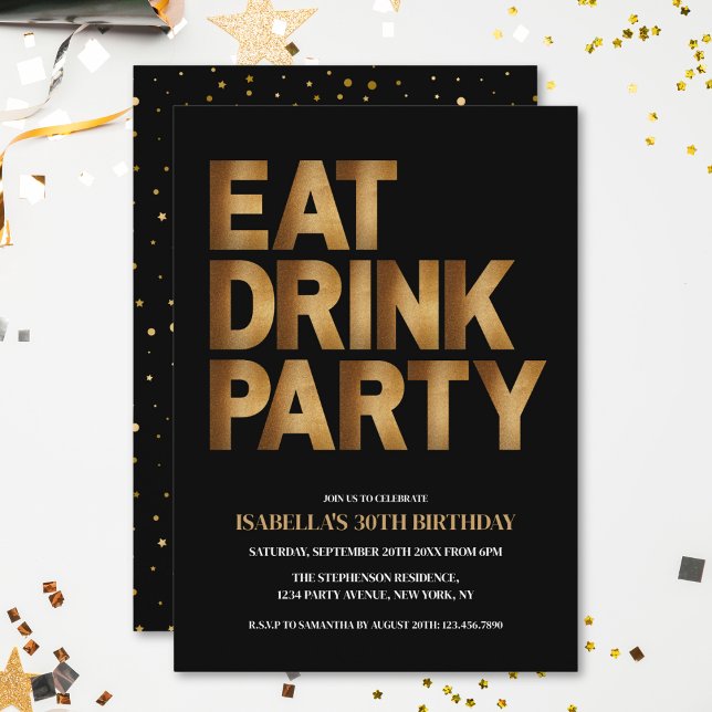 Modern ät drink fest svart & guld födelsedagsfest inbjudningar (Skapare uppladdad)