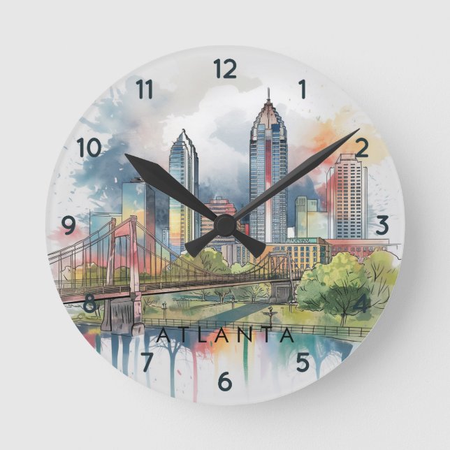 Modern Atlanta Georgia Stylized Watercolor Rund Klocka (Framsida)