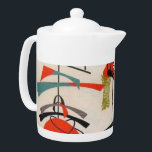 Modern atom- tygtekanna för mitt- århundrade<br><div class="desc">Varje dag kan vara en tryckvåg från förflutnan med denna moderna inspirerade tekanna för det mitt- århundradet. Designen presenterar en kopia av ett atom- mobilt tygmönster för vintage. Bakgrunden är ecruen med blått, orangen, grönt, och svartmodern konst formar. Denna är den ljusa tekannan för ideal för någon som gillar saker...</div>
