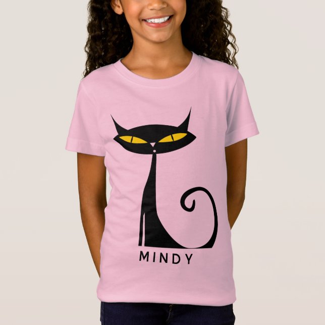 Modern atomsvart katt i personlig under århundrade t shirt (Framsida)