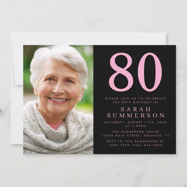 Modern Åttio Rosa Svart Foto 80-årsdag Inbjudningar (Framsida)