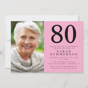 Modern Åttio Rosa Svart Foto 80-årsdag Inbjudningar