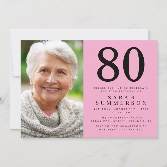 Modern Åttio Rosa Svart Foto 80-årsdag Inbjudningar (Framsida)