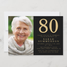 Modern Åttioårs Svart Guld Foto 80-årsdag Inbjudningar