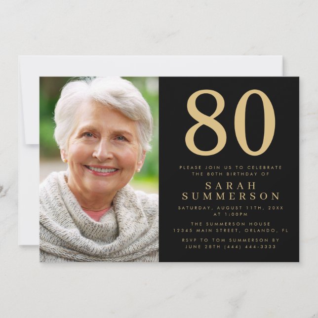 Modern Åttioårs Svart Guld Foto 80-årsdag Inbjudningar (Framsida)