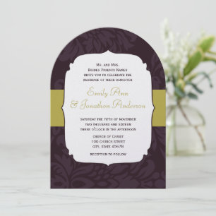 Modern Aubergine Chartreuse Damask Bröllop Inbjudningar