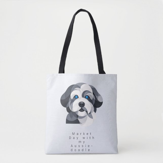 Modern Aussiedoodle Konst Handväsk - Blå Merle Geo Tygkasse (Framsida)