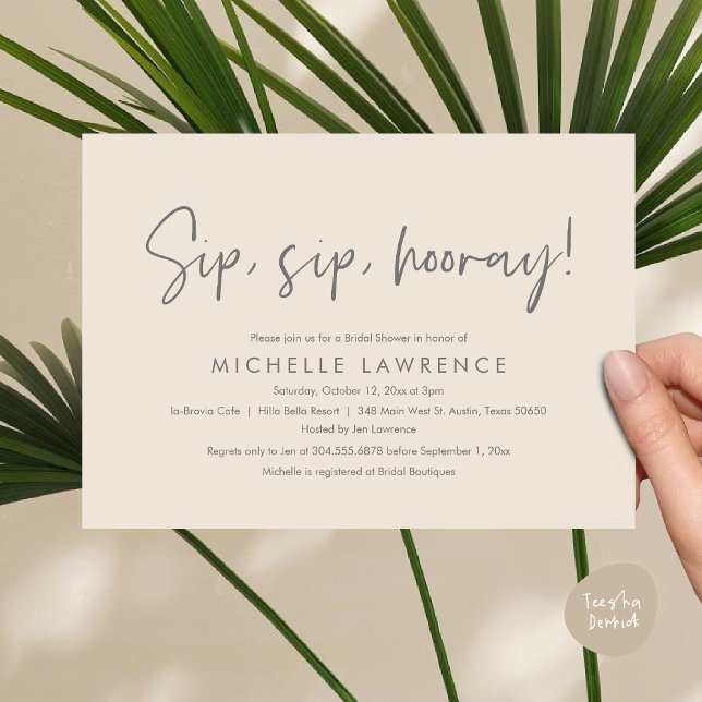 Modern Avslappnad, roligt och lekfull Möhippa Part Inbjudningar (Sip, Sip Hooray, Modern Casual, fun and playful Bridal Shower Party Invitation Card, PDF, Cream Grey)