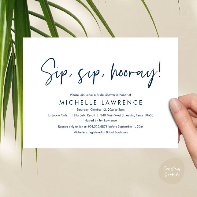 Modern Avslappnad, roligt och lekfull Möhippa Part Inbjudningar (Sip, Sip Hooray, Modern Casual, fun and playful Bridal Shower Party Invitation Card PDF Navy Blue)