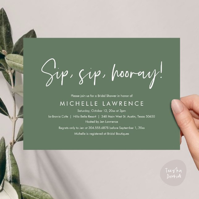 Modern Avslappnad, roligt och lekfull Möhippa Part Inbjudningar (Sip, Sip Hooray, Modern Casual, fun and playful Bridal Shower Party Invitation Card, PDF Sage Green)