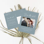 Modern avslappnad-skript efter typografi bröllop-m meddelande vykort<br><div class="desc">Modern snyggt-skript,  elegant-typografi bröllop spara datum fotovykort. Modern minimidesign för snyggten. Du kan anpassa dammblått och vitt färg.</div>