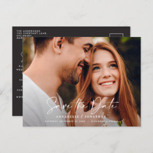 Modern avslappnad-skript, svart typografi bröllop meddelande vykort