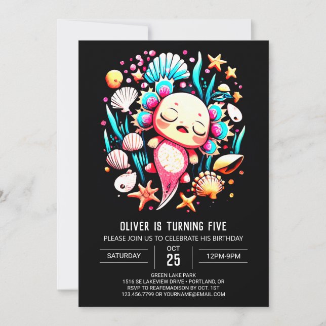 Modern Axolotl Printable Birthday Inbjudningar (Framsida)