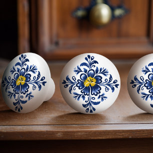 Modern Azulejo Blå Gul Portugisisk Lissabon Knopp