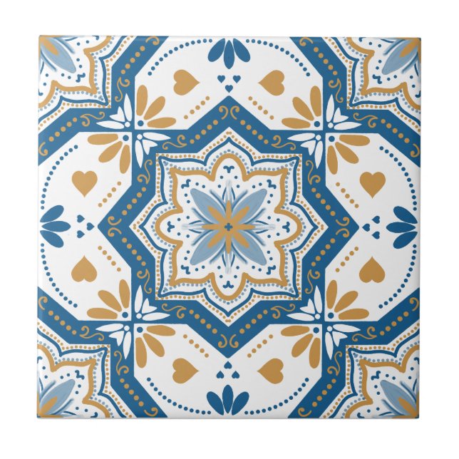 Modern Azulejo Blue Gult Portugisiska Kakelplatta (Framsidan)